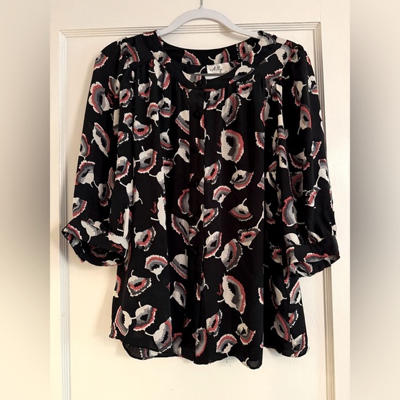 Milly Silk Floral Poppy Print Puff Sleeve Black Red Button Down Blouse Shirt Top - Picture 5 of 8